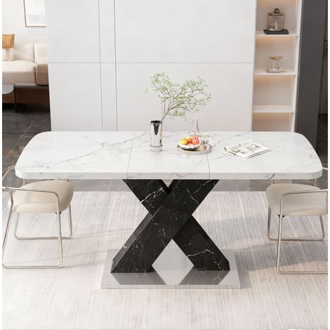 MODFU – Mesa de comedor extensible 120-160x80 cm de MDF y acero con tablero efecto mármol, patas en X negras, carga 100 kg y 2 paquetes – Blanco y negro (1/5)