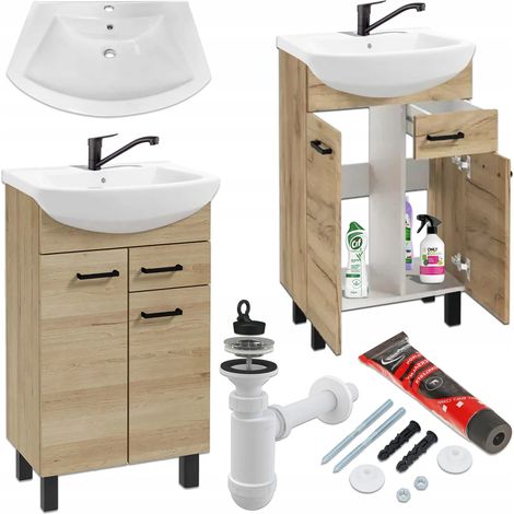 Waschbeckenunterschrank 50 cm - Eiche Trüffel - Modernes Design - mit Waschbecken und schwarzem Wasserhahn (1/5)
