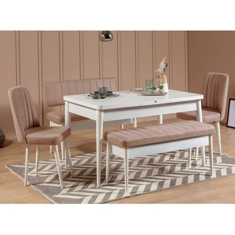Ensemble table extensible 2 chaises et 2 bancs bois blanc et tissu beige Mariva (1/5)
