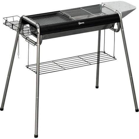 BARBECUE A CARBONELLA CON GRIGLIA E PIASTRA DI COTTURA, CESTINO E RIPIANI, 96X61X72CM, NERO (1/5)