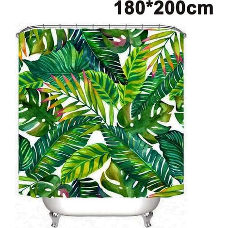 Rideau de douche 200x180cm à motif feuille de Monstera vert foncé en polyester avec 12 crochets (1/4)