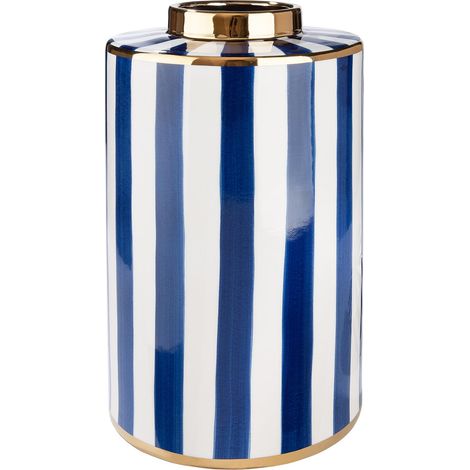 Vase Elio - Céramique - Cylindrique - Émaillé - Rayé - Bleu/Blanc - Hauteur 40 cm x Ø 20 cm - Patins en Feutre et Vase étanche (1/4)