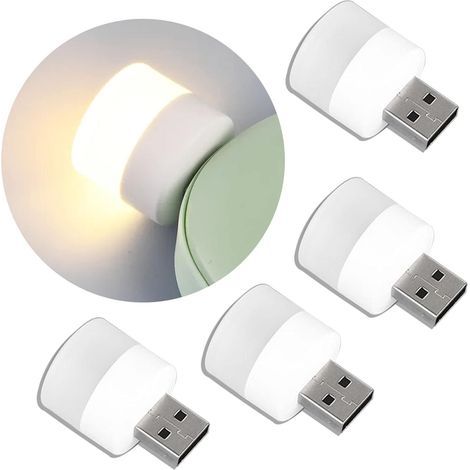 Mini ampoule LED USB de nuit, à brancher, blanc chaud, compacte, idéale pour chambre, salle de bain, couloir, cuisine (4 lumières chaudes) (1/4)