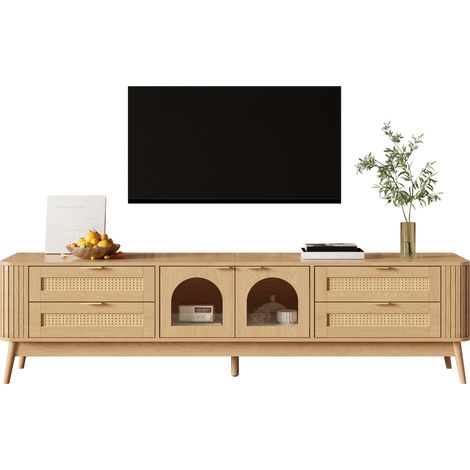 CHICFURN Meuble TV 180 cm avec 2 portes en verre trempé cintré, 4 tiroirs, LED pilotée par application, pieds en bois, rangement salon effet bois clair (1/5)