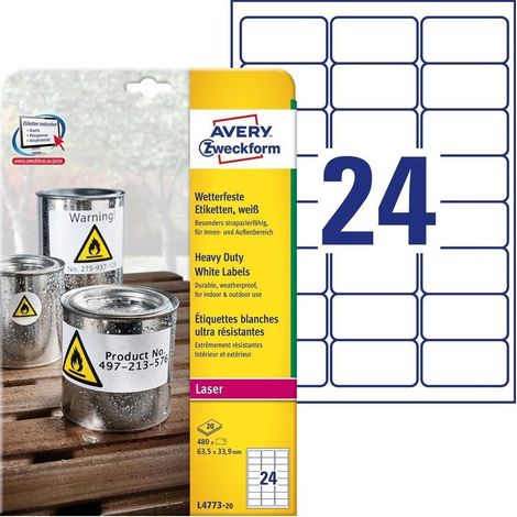 Avery L4773-20 etichetta autoadesiva Rettangolo con angoli arrotondati Permanente Bianco 480 pz (1/4)