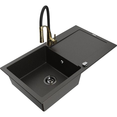 Mexen Leo lavello in granito a 1 vasca con scolapiatti e miscelatore da cucina Aster, nero/oro metallico - 6501-75-73450-57-B (1/5)