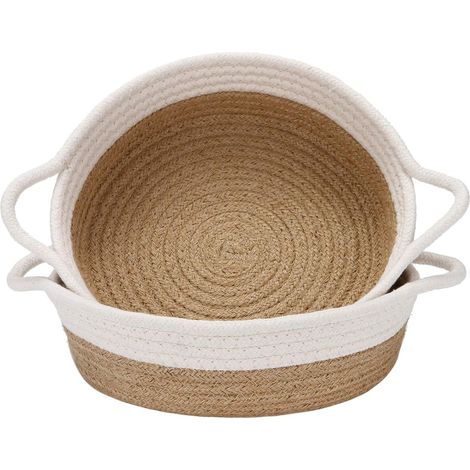 Ensemble de 2 paniers de rangement en corde de coton — Petits paniers tressés (25 x 7,5 cm), bols/plateaux/récipients ronds ouverts en tissu — Idéal pour ranger fruits, bijoux, clés et matériel de cou (1/4)