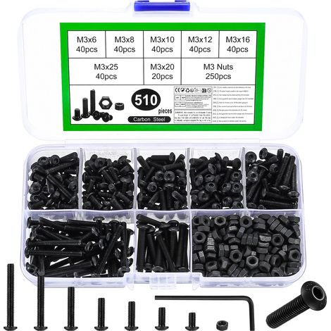 Set di Vis M3, 510 Pcs M3 Boulons et Écrous, Boulons Vis à Tête Cylindrique à Six Pans Creux avec Écrous et Rondelles, Kit Assortiment Boulons Vis à Tête Hexagonale avec Écrou, Noirs(M3) (1/5)
