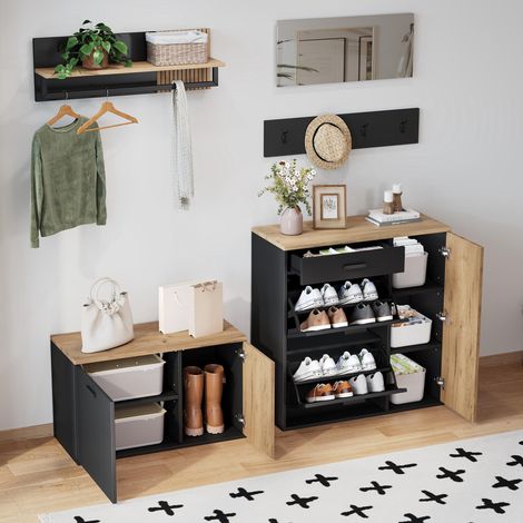 Ensemble armoire, commode, miroir, 2 meubles à chaussures, sans décoration, panneau porte-manteau avec miroir, étagère