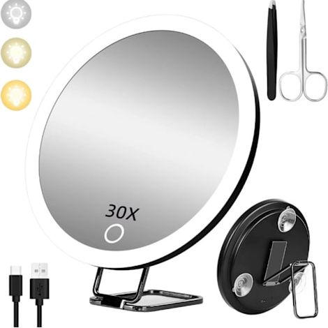 Miroir grossissant 30x avec lumière, rechargeable, 3 modes de couleur, éclairage à intensité variable, miroir de maquillage de voyage avec grossissement (1/4)