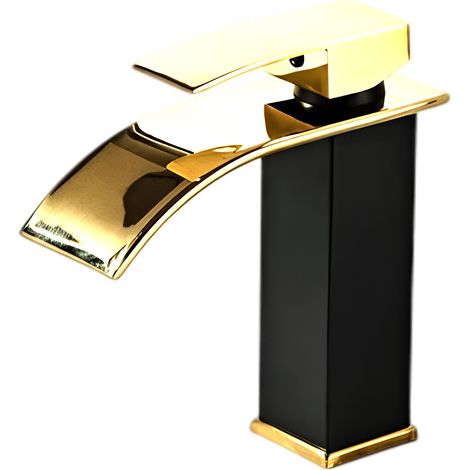 Robinet de lavabo monotrou, robinet d'eau chaude et froide en laiton massif, finition noir mat et or. (1/5)