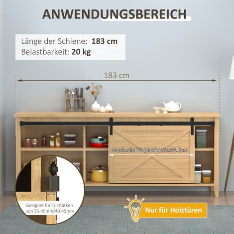Kit complet de porte coulissante 183 cm avec rail, roulettes et guide au sol pour porte battante en bois. (1/5)