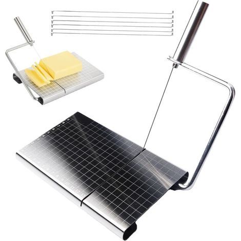 Coupe-fromage interchangeable avec fil de fer - Trancheuse à fromage en acier inoxydable avec planche et grille de mesure - Coupe-fromage avec graduation - Avec 6 fils extra solides pour (1/5)