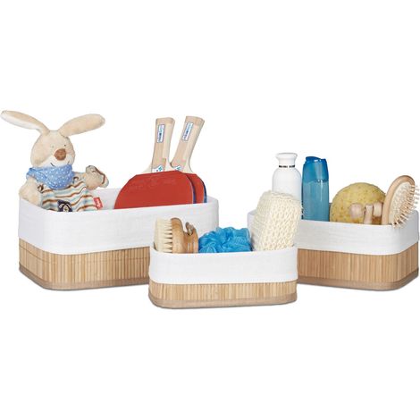 Relaxdays Set 3 cestini in bambù con rivestimento tessuto, rettangolari, bagno, giocattoli, multiuso, naturale (1/6)