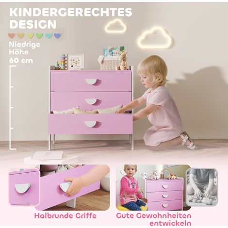 Commode enfant 3 tiroirs, MDF, meuble de rangement pour chambre d'enfant, Rose et Blanc (1/5)