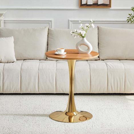 Runder 60cm Beistelltisch / kleiner Esstisch aus MDF: Tischplatte mit hochwertiger Thermoform-Technologie, natürliche Holzmaserungs-Optik, goldfarbene Stützbasis – speziell für Wohnräume konzipiert. (1/5)