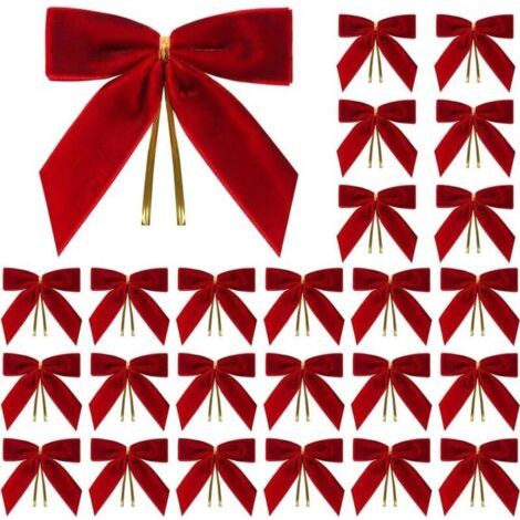 Lot de 24 décorations de Noël pour sapin et maison, nœuds en velours rouge et rubans dorés (rouge) (1/5)