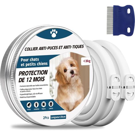 2 Pcs Collier Anti Puces pour Chien, 65cm Réglable Collier Anti-Puces et Tiques pour Chiens et Imperméable, 8 Mois Protéger (Chiot, Chat) (1/5)
