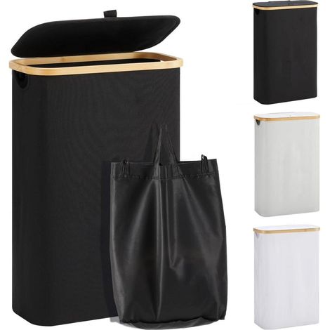Wäschekorb Bambus Deckel Wäschesack schmal 48L(Slim) Schwarz (1/5)