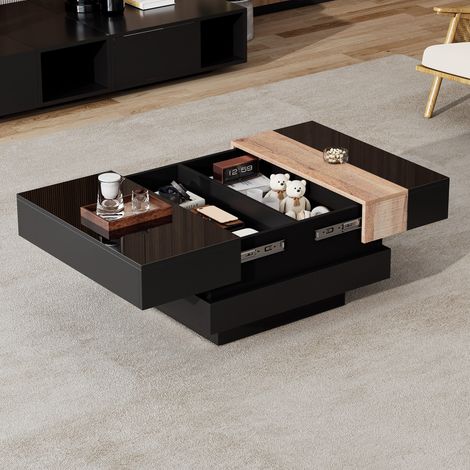 Tavolino da caffè 70x70x39cm, tavolino salotto Design quadrato, piano a scorrimento vano, MDF nero per soggiorno e camera (1/5)