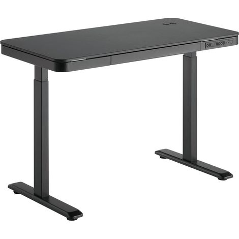 Bureau motorisé assis-debout 118x60cm avec tiroir et chargeur sans fil, Plateau Noir/Pied Noir (1/3)