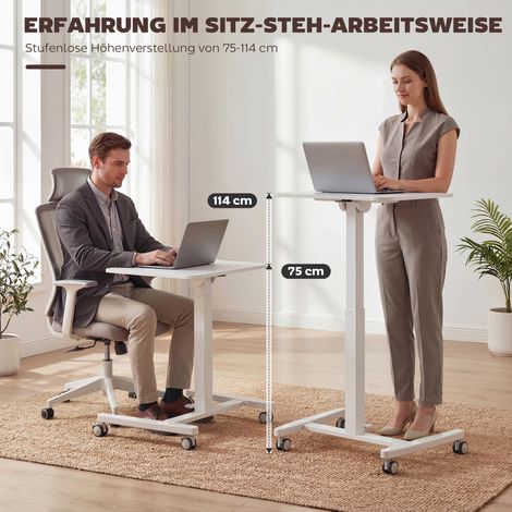 Bureau assis-debout ajustable en hauteur, table mobile roulettes avec plan inclinable, butée de sécurité, blanc (1/4)