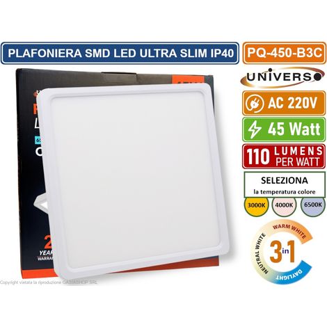 UNIVERSO PQ-450-B3C PLAFONIERA ULTRA SLIM QUADRATA BIANCA SMD LED 45W IP40 CCT 3 IN 1 CAMBIA COLORE LUCE (1/4)