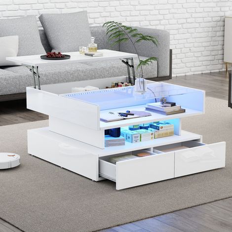 Table basse blanche 80x80x45 cm réglable en hauteur,rangement caché,2 tiroirs et LED. Plateau verre trempé pour le salon. (1/5)