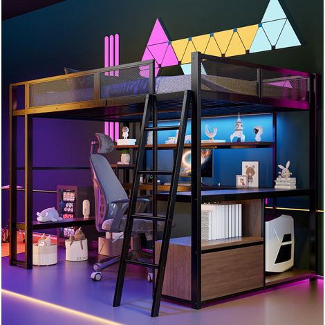 Cama alta gaming metálica 140 x 200 cm negra con escritorio y almacenamiento (1/5)