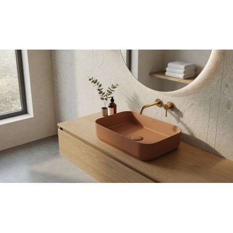Lavabo rettangolare da appoggio senza troppo pieno in ceramica senza foro rubinetto - Terracotta Opaco