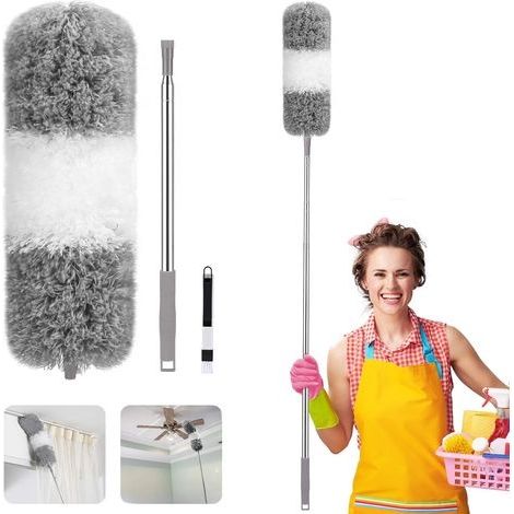 Plumeau Poussière, Microfibre Plumeau Poussière en Télescopique Long de 100'' & Brosse de Nettoyage, Plumeau Toile D'araignée Poussière pour Stores, Toile D'araignée - Pliable Lavable (1/5)