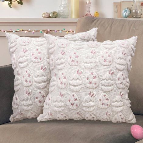 Housse De Coussin De Paques - 45 X 45 Cm - Motif Oeuf Et Lapin 3d - Fermeture Eclair - Polyester Coton - Pour Canapé Chambre Salon - 2 Pieces (1/5)