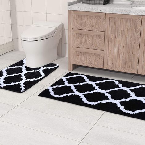 Ensemble de 2 tapis de salle de bain en microfibre : tapis de douche et tapis de toilette en forme de U, noir, 43 x 119 cm + 51 x 61 cm, F84269 (1/5)