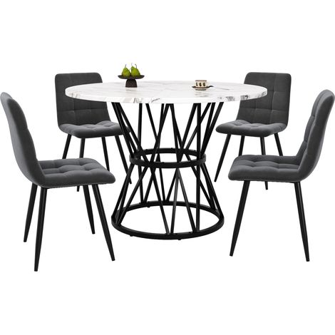 Set da pranzo moderno 5 pezzi con tavolo rotondo da 100 cm e 4 sedie in velluto grigio (1/5)