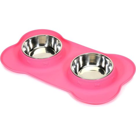 Gamelles pour chien et chat – Double gamelle en acier inoxydable – Rose – 40 x 20 cm – Antidérapantes (1/5)