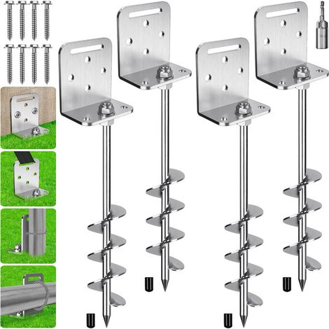 4Pcs Spiral Ground Anchor Screws, Metal Trampoline Stakes Wind Storm Spikes with Fixed Plate for Camping, Swing, Climbing Frame, Shed, Dog Anchor, Carport & Canopy