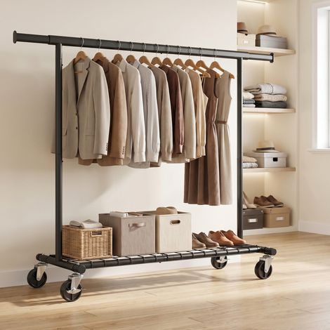 Portant à Vêtement Extensible sur Roulettes, 180 kg, Penderie Dressing, (160-200) x 45 x 161,5 cm, Noir (1/5)