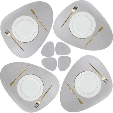 Set de Napperon et sous-Verres en Cuir, Tapis de Table de Noël Antidérapants Essuyables Imperméables pour Cuisine Intérieure Table à Manger Restaurant Fête Barbecue Extérieur (Gris Clair) (1/5)