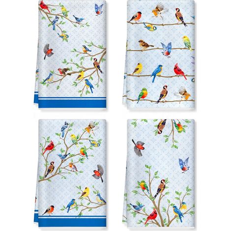 Torchons de Cuisine Oiseaux Branchee Vaisselle Lot de 4, Serviettes de Cuisine Bleu Torchon Vaisselle, Doux Et Super Absorbant Accroche Très Serviettes de Bar 42 X 70 Cm (1/5)