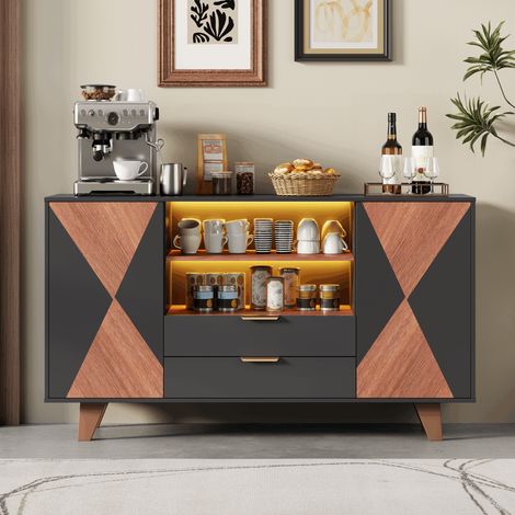 Buffet de cuisine LED RGB 150x40x90 cm, 2 tiroirs, étagères réglables, niches ouvertes, commande par application et mode musique (1/5)