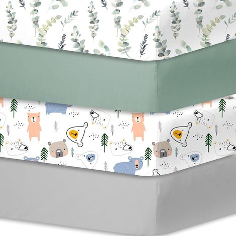 4-Piece Baby Bed Sheets 70 x 140 cm 100% Breathable Microfibre Removable and Washable Mattress Protector Cute Patterns for Cot and Baby Mattress (Leaves) (1/5)