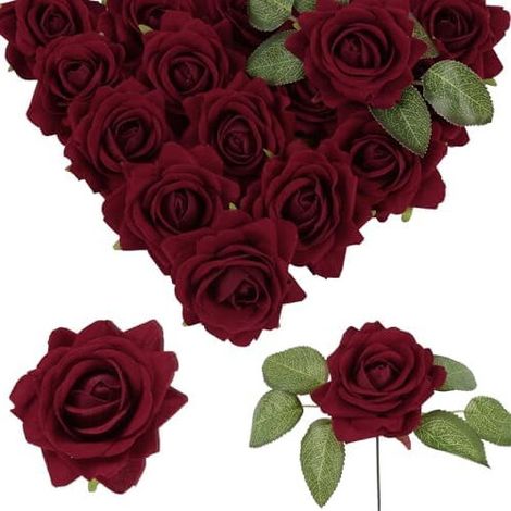 Rosas artificiales de terciopelo color burdeos, 16 rosas de 8 cm cada una, flores sedosas de color burdeos, ideales para ramos de novia, bodas y decoración del hogar.