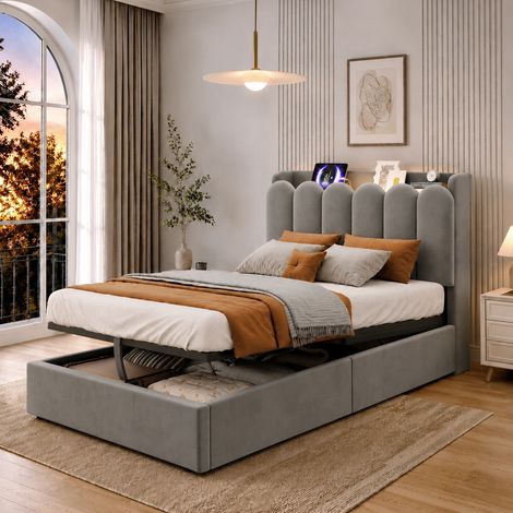 Lit coffre enfant 90x200 cm hydraulique, rangements tête de lit, USB Type-C, lampe, velours gris (1/5)