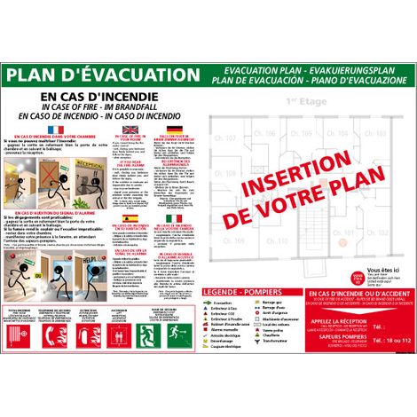 Panneau PLAN D'ÉVACUATION HÔTEL / IMMEUBLE – Aluminium 2 mm – 210 x 300 mm