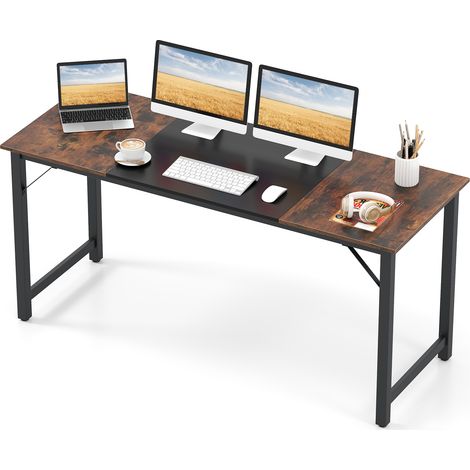 Bureau d'Ordinateur L160 cm, Style Industriel avec Cadre Métallique à Structure Triangulaire, pour Chambre, Étude, Salle de Conférence, Marron (1/5)