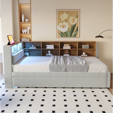 Lit gigogne multifonction 90x200 cm, LED, prises, rangements, flanelle gris clair (1/5)