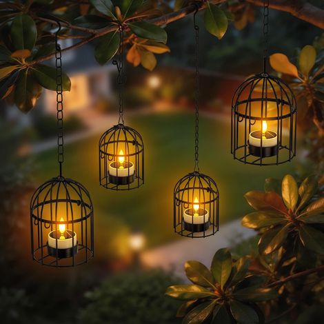 Lanternes suspendues avec lumières solaires brillantes - 4 pièces (2 grandes, 2 petites) Bougies solaires étanches pour l'extérieur, lumières de jardin pour arbre, patio, clôture, décoration (1/5)