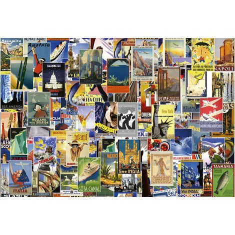 Papier peint panoramique vintage poster de voyage | Tapisserie panoramique chambre ado & salon | Papier peint panoramique multicolore effet collage - 384 X 260 cm (8 pièces) (1/2)