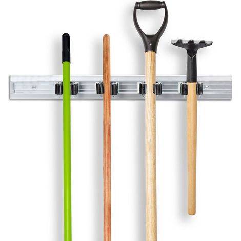 Relaxdays Porte-outils mural en métal (aluminium et acier), support pour ranger les outils du jardin, argenté (1/5)