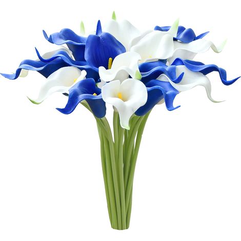 Conjunto de 20 calas artificiales, 10 blancas y verdes y 10 azul Klein, flores realistas para bodas, fiestas y decoración del hogar. (1/5)